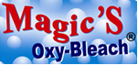 Magic's Oxy-Bleach logo with red and blue text on a background of white bubbles.