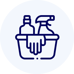Icon of a cleaning caddy with two bottles and a cloth.