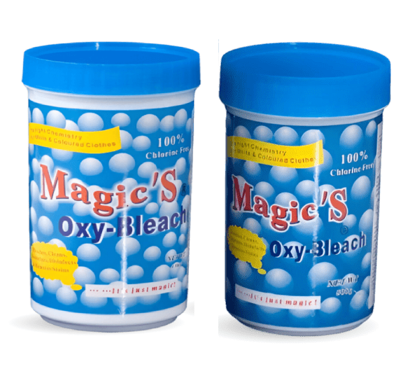 Two containers of magic 's oxy-bleach are shown.
