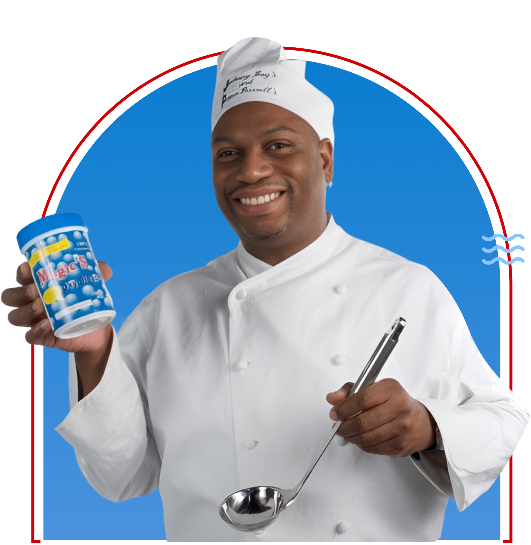 46 A man in chef 's outfit holding a cup of ice cream.