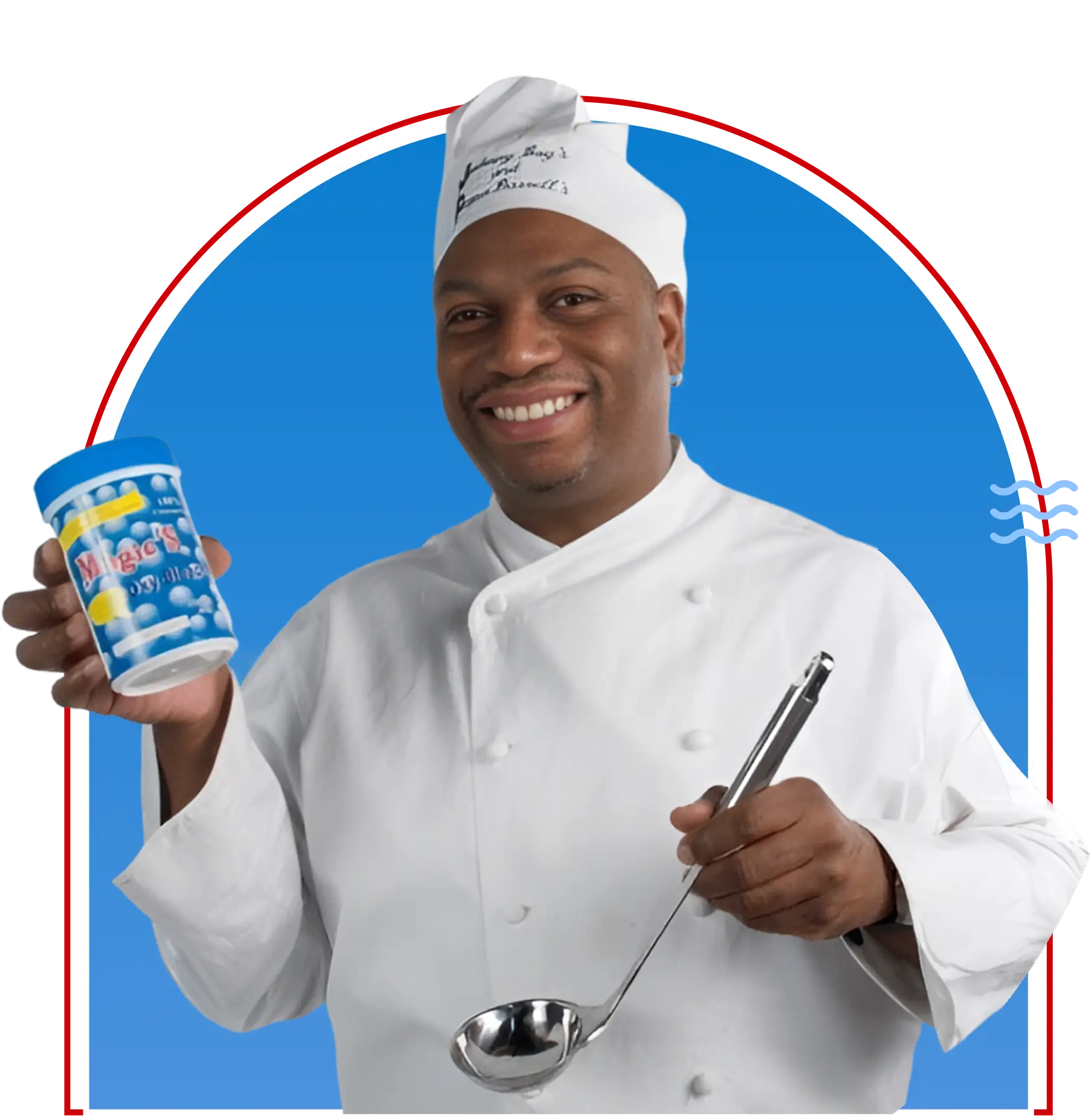 A man in chef 's outfit holding a cup of ice cream.